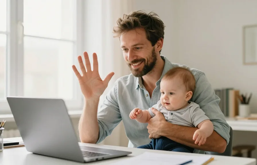 Elternteil hält das Baby auf dem Arm und arbeitet zugleich am Laptop am Schreibtisch.