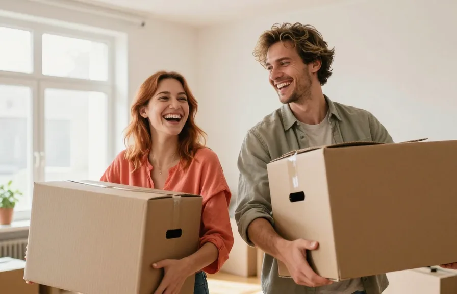 Junges Paar trägt beim Zusammenziehen Umzugskartons in die helle neue Wohnung und lacht.