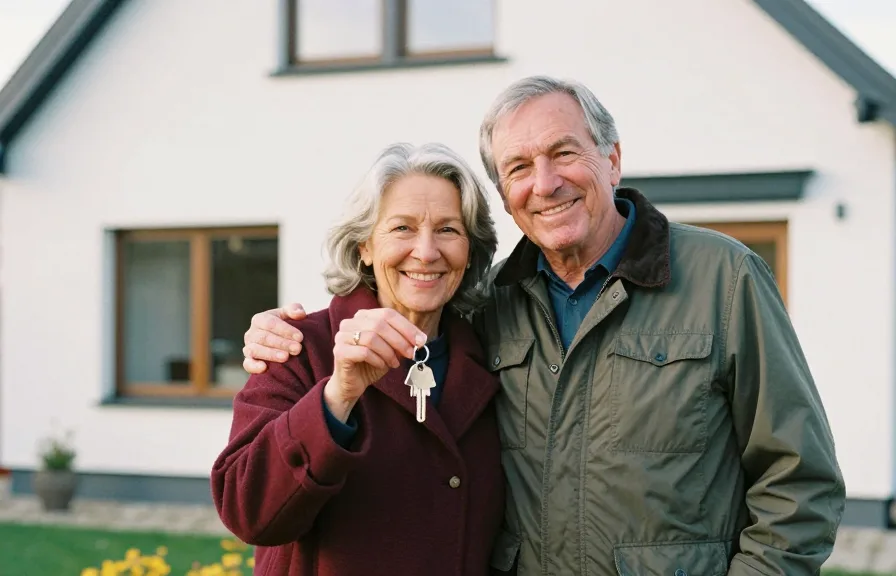 Paar steht stolz vor seinem Einfamilienhaus.